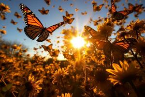 uma hipnotizante mar do laranja e Preto Como milhares do monarca borboletas migrar através uma iluminado pelo sol Prado foto