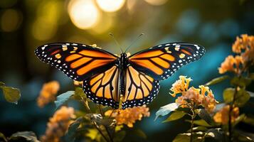 uma fechar-se do uma delicado monarca borboleta dentro no meio do vôo simbolizando a inspirador Magia do seus anual migração foto