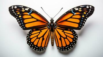 uma majestoso monarca borboleta dentro no meio do vôo simbolizando a inspirador viagem do migração contra uma puro branco pano de fundo foto