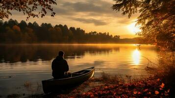 uma pescador pacientemente espera Como a configuração Sol elencos uma caloroso e dourado brilho sobre a tranquilo outono lago foto