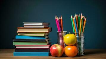 uma colorida pilha do livros lápis e governantes simbolizando conhecimento criatividade e preparação para a Novo escola ano foto