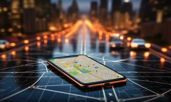 apontando Smartphone com GPS navegação e mapa ícones em borrado estrada abstrato fundo . ai gerado foto