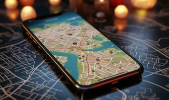 apontando Smartphone com GPS navegação e mapa ícones em borrado estrada abstrato fundo . ai gerado foto