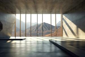 arquitetura esvaziar quarto com janela e montanha fundo com luz solar. generativo ai foto