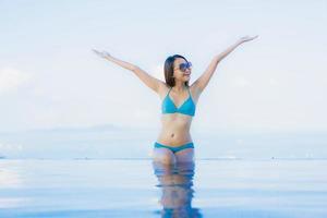 retrato lindas jovens mulheres asiáticas sorriso feliz relaxe piscina ao ar livre no resort