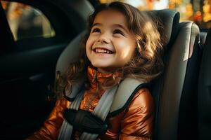 feliz pai e filha olhando às Câmera enquanto sentado dentro banco de trás do carro. generativo ai foto