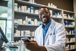 sorridente masculino farmacêutico dentro branco casaco e Óculos é usando Smartphone e sorridente enquanto dentro farmacia. generativo ai foto