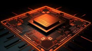 micro CPU em o circuito borda com vermelho iluminação 3d. generativo ai. foto