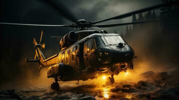 helicóptero dentro açao com rotor spray e nebuloso fundo militares helicóptero pairando ai gerado foto