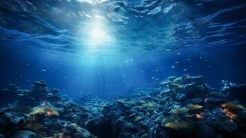 profundo azul oceano com peixe e mar criaturas uma sonhe como embaixo da agua cena ai gerado foto