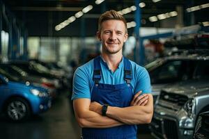 técnico, masculino auto mecânico dentro macacão dentro moderno auto reparar comprar, garagem. generativo ai foto