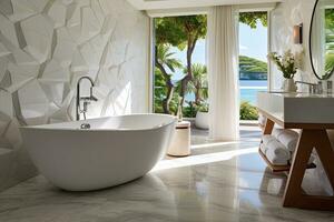 interior do moderno banheiro com branco e Castanho mármore paredes, concreto chão, confortável branco banheira em pé perto a janela e de madeira banco. generativo ai foto