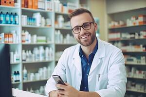 sorridente masculino farmacêutico dentro branco casaco e Óculos é usando Smartphone e sorridente enquanto dentro farmacia. generativo ai foto