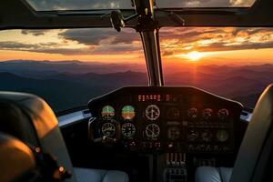 helicóptero cockpit com Visão do a lindo nascer do sol dentro a montanhas, pôr do sol Visão sobre a azul cume montanhas a partir de a cockpit do uma privado aeronaves. céu com nuvens. céu fundo, ai gerado foto