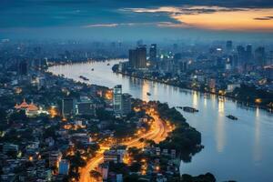 aéreo Visão do Bangkok cidade às crepúsculo tempo, Tailândia. aéreo Horizonte Visão do Hanói. Hanói paisagem urbana às crepúsculo, ai gerado foto