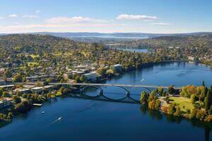 aéreo Visão do a Rhine rio dentro a cidade do Schaffhausen, aéreo zangão panorâmico Visão olhando às victoria ponte sobre a Waikato rio Como isto cortes através a cidade do hamilton, ai gerado foto