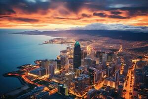 aéreo Visão do centro da cidade san diego às pôr do sol, Califórnia, EUA. aéreo panorâmico Visão do capa Cidade paisagem urbana às pôr do sol, ai gerado foto