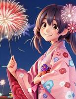 uma fofa desenho animado menina dentro uma quimono com fogos de artifício dentro a fundo. foto