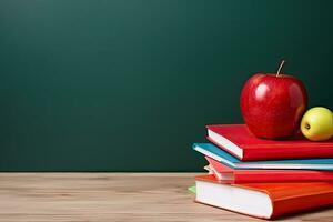 costas para escola conceito com livros, lápis e maçã em de madeira mesa. generativo ai foto