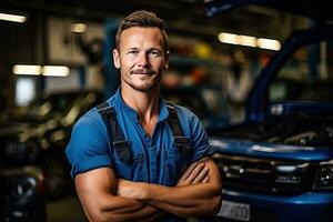 técnico, masculino auto mecânico dentro macacão dentro moderno auto reparar comprar, garagem. generativo ai foto