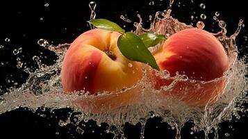 fresco suculento pêssego fruta com água respingo isolado em fundo, saudável fruta, ai generativo foto
