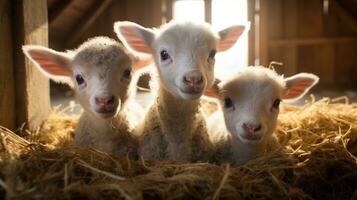 generativo ai, pequeno cordeiros olhando às a Câmera em uma fazenda, bebê ovelhas foto