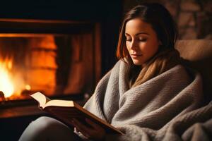 uma mulher senta de uma lareira embrulhado dentro uma cobertor e imerso dentro uma cativante livro em uma chuvoso outono dia foto