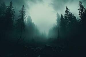 a estranho névoa desce sobre uma denso floresta criando uma assustador atmosfera fundo com esvaziar espaço para texto foto