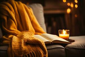 uma jovem mulher aconchega debaixo uma caloroso cobertor bebericando chá e obtendo perdido dentro a Páginas do uma cativante outono ler foto