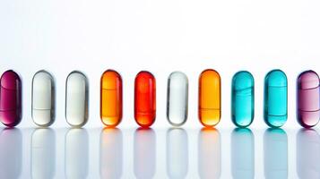 multicolorido transparente comprimidos em uma branco fundo foto