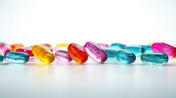 multicolorido transparente comprimidos em uma branco fundo foto