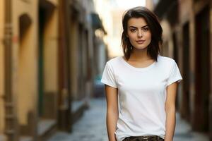 generativo ai, realista branco camiseta zombar acima em branco colocar em jovem bonita mulher, cópia de espaço para apresentação anúncio. em branco o negócio conceito foto