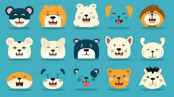 conjunto do animal rostos, face emojis, adesivos, emoticons, desenhos animados engraçado mascote personagens face definir, generativo ai ilustração foto