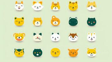 conjunto do animal rostos, face emojis, adesivos, emoticons, desenhos animados engraçado mascote personagens face definir, generativo ai ilustração foto