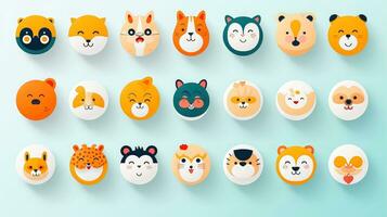 conjunto do animal rostos, face emojis, adesivos, emoticons, desenhos animados engraçado mascote personagens face definir, generativo ai ilustração foto