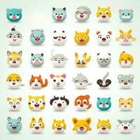 conjunto do animal rostos, face emojis, adesivos, emoticons, desenhos animados engraçado mascote personagens face definir, generativo ai ilustração foto