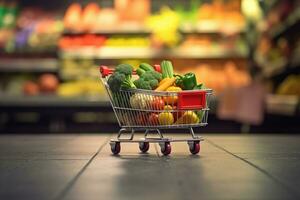 compras carrinho cheio do fresco legumes dentro supermercado foto