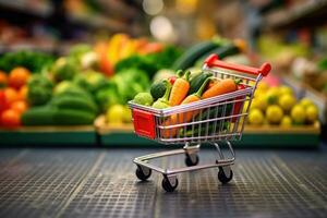 compras carrinho cheio do fresco legumes dentro supermercado foto