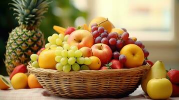 frutas dentro uma cesta em a mesa, fechar-se. foto