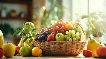 frutas dentro uma cesta em a mesa, fechar-se. foto