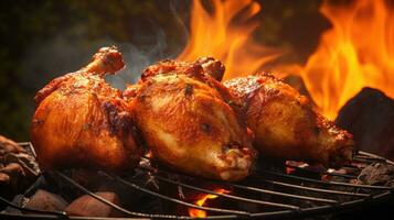 assado frango pernas em a grade com chamas e fumaça, fechar acima foto