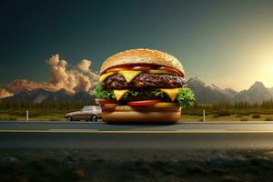saboroso Hamburger em asfalto estrada fundo foto