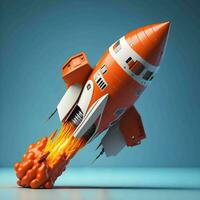 3d estilo cartoon mínimo nave espacial foguete ícone.brinquedo foguete ascensão fumaça comece espaço o negócio e bitcoins anunciar foto