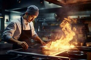 chefe de cozinha é cozinhando dentro a cozinha com uma fritar panela em fogo foto