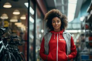 jovem mulher dentro roupa de esporte em pé dentro frente do bicicleta fazer compras foto