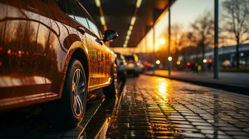 lado Visão do uma vermelho carro às pôr do sol dentro a cidade. ai gerado foto