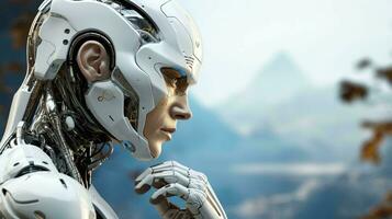 a face do uma robô mulher e uma futurista híbrido do humano e artificial inteligência foto