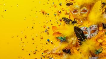 colorida carnaval mascarar com penas e confete em amarelo fundo ai generativo foto