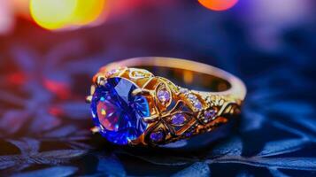 elegante e brilhante ouro e diamante anel com azul safira ai generativo foto