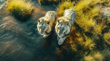 a artístico e realista imagem do dois branco leão caminhando através uma rio ai generativo foto